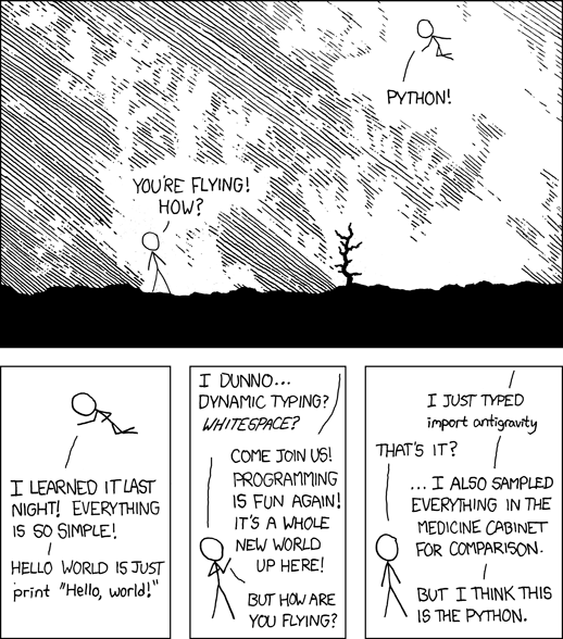 xkcd comic about Python: I wrote 20 short programs in Python yesterday. It was wonderful. Perl, I'm leaving you.
